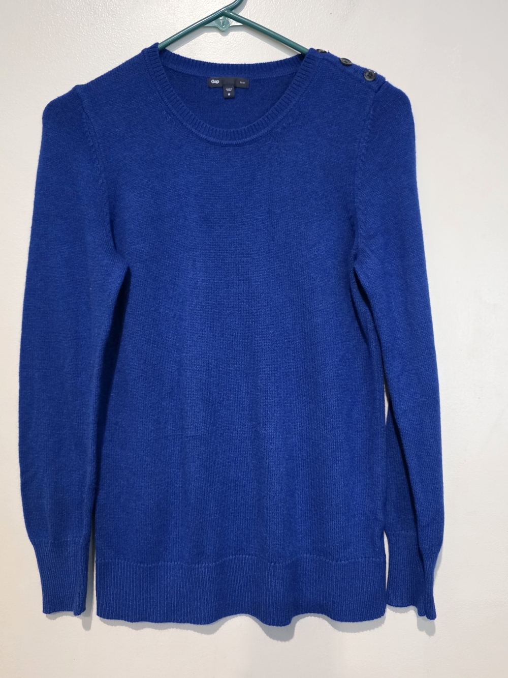 Gap Blue Solid Knit Crew Neck Button Shoulder Pullover Sweater Angora Hair Blend